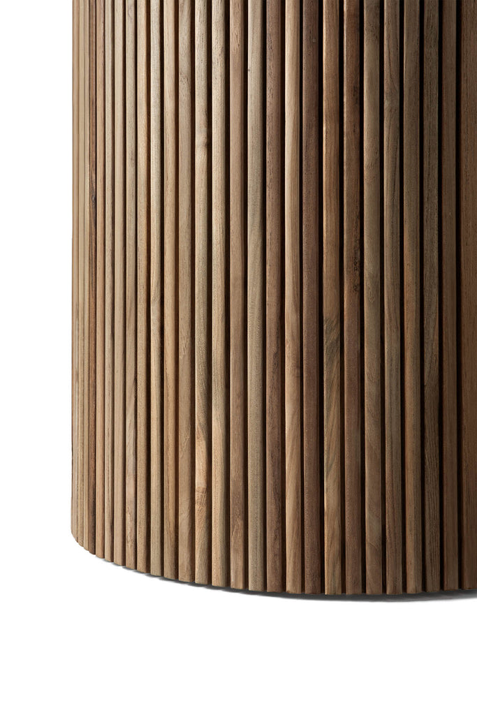 Detail view of slatted reclaimed wood table base. - Saffron and Poe, Ethnicraft