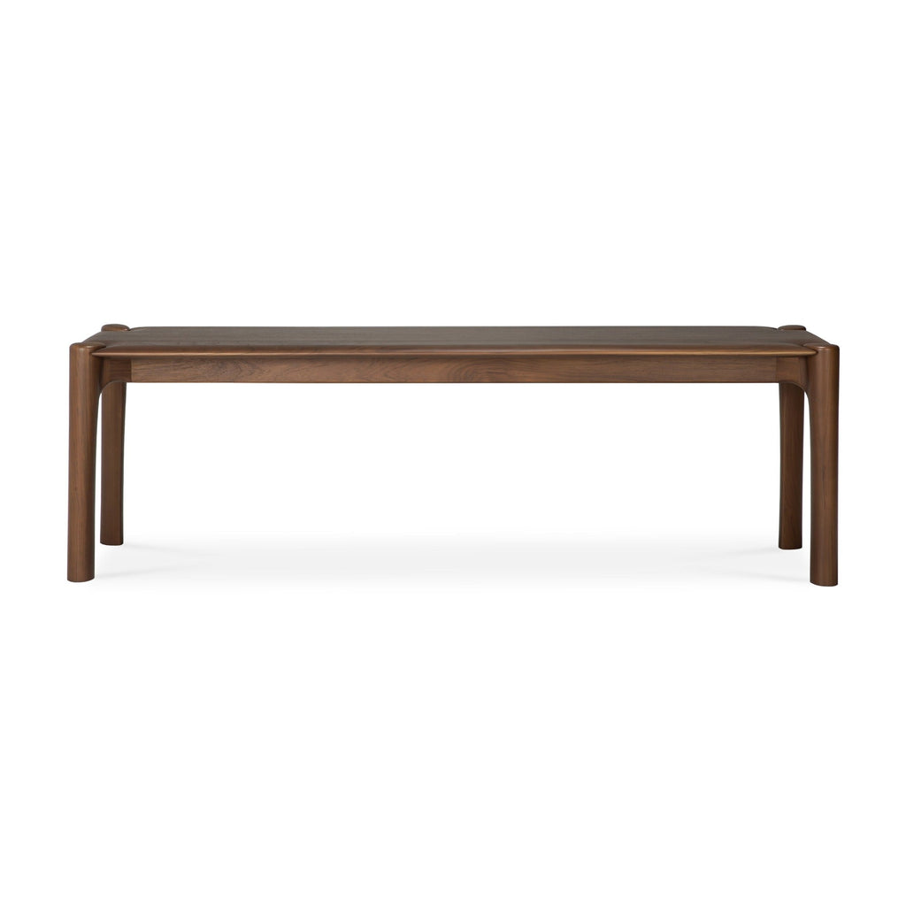 PI Bench in dark teak with curved edges and sculpted base, handcrafted solid teak wood