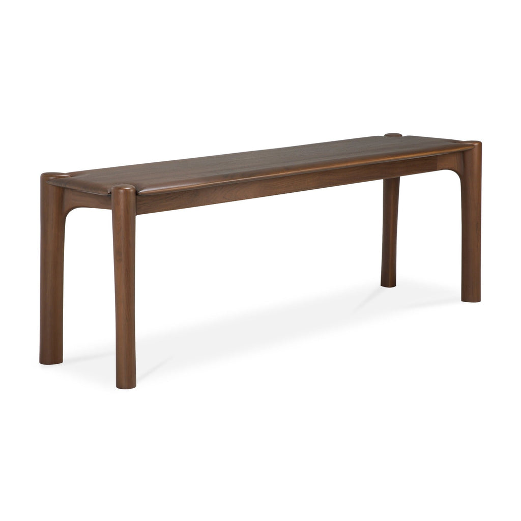 PI Bench in dark teak with sculpted base and curved edges, crafted from solid natural teak