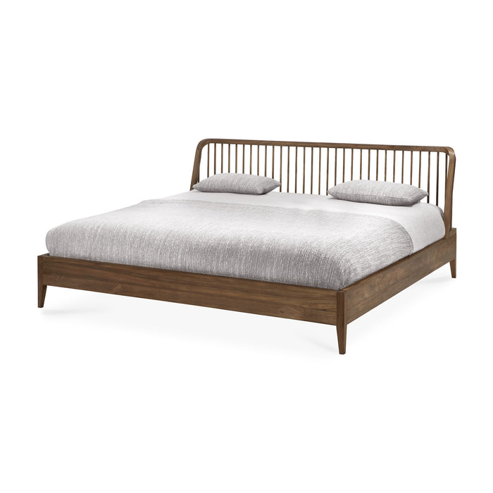 Reclaimed solid teak bed frame with beautiful wood spindle details and rounded wood headboard - TQ view - Saffron and Poe, Ethnicraft