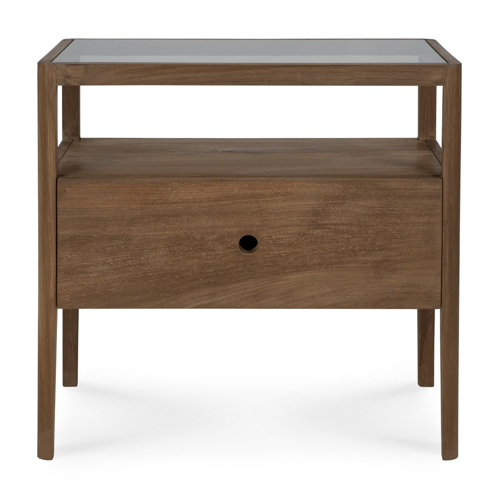 Spindle Bedside Table in dark teak with glass top, single drawer, and open shelf, crafted from European white oak