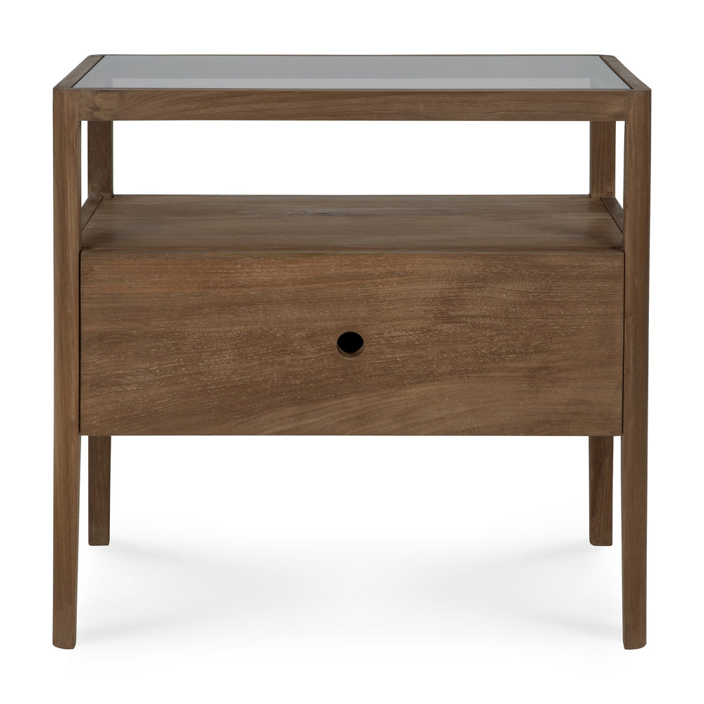 Solid hand-finished reclaimed teak wood bedside table with one drawer, glass top and slightly tapered legs - front View - Saffron and Poe, Ethnicraft