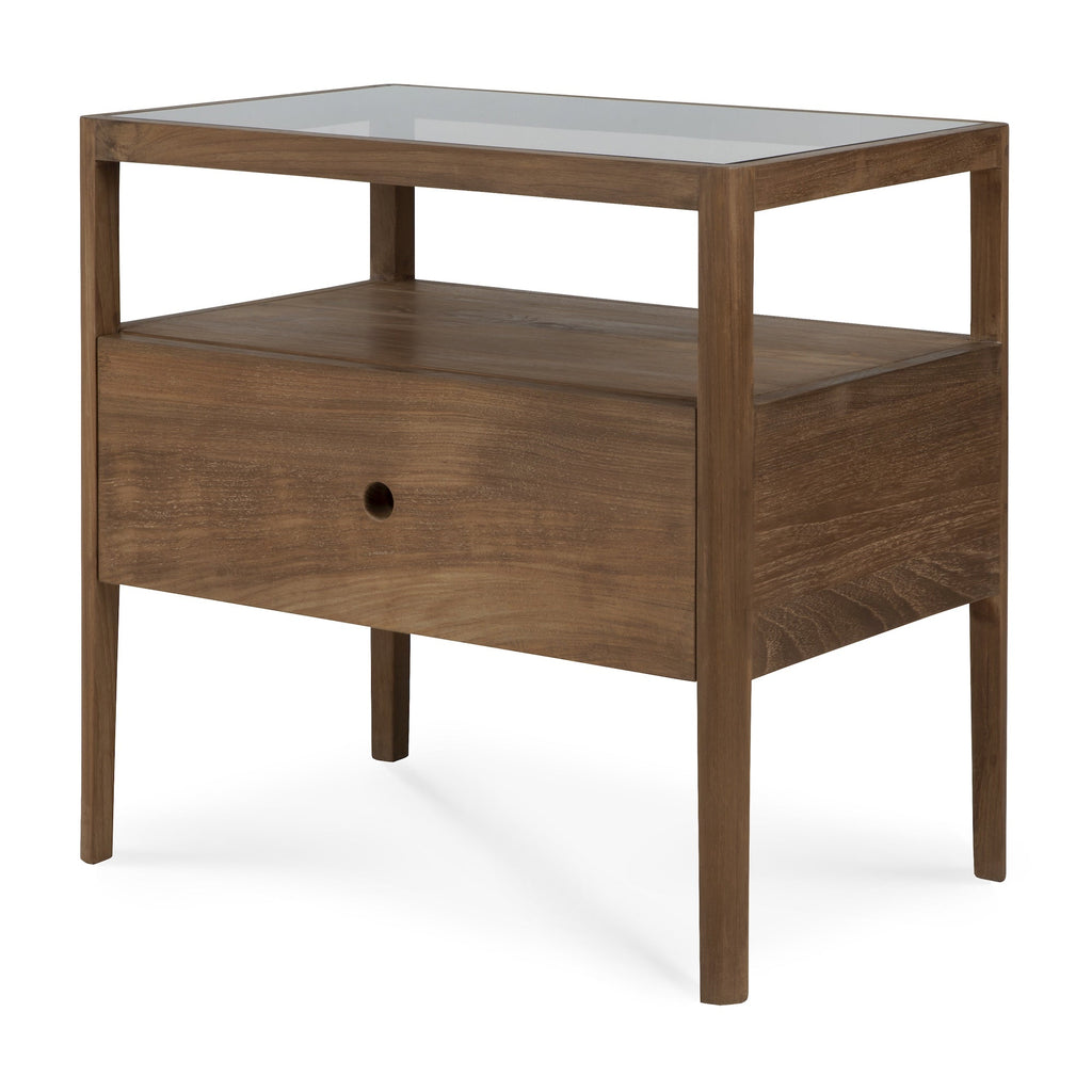 Spindle Bedside Table in dark teak with glass top and single drawer in European white oak