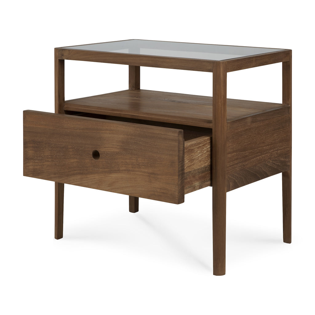 Solid hand-finished reclaimed teak wood bedside table with one drawer, glass top and slightly tapered legs - TQ View detail - Saffron and Poe, Ethnicraft