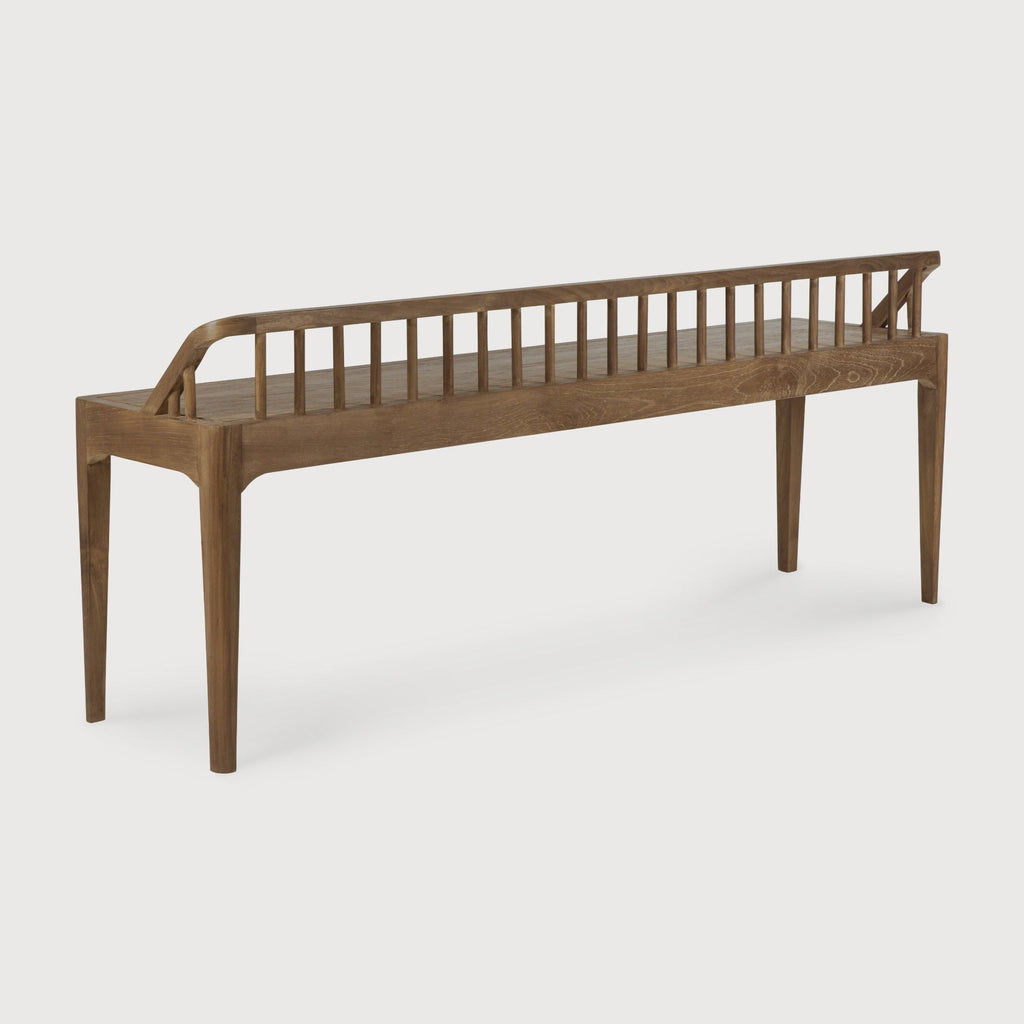 Dark teak spindle bench with low spoked back and spacious seat crafted from European white oak