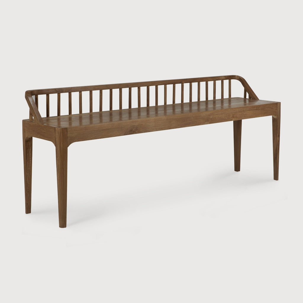 Dark teak spindle bench with low spoked back and spacious seat in European white oak