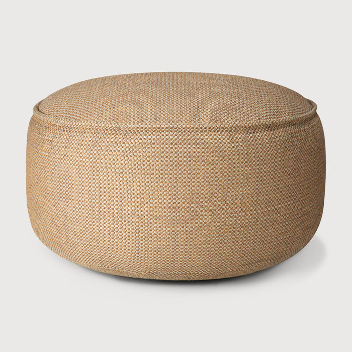 Beige woven outdoor ottoman on a light gray background