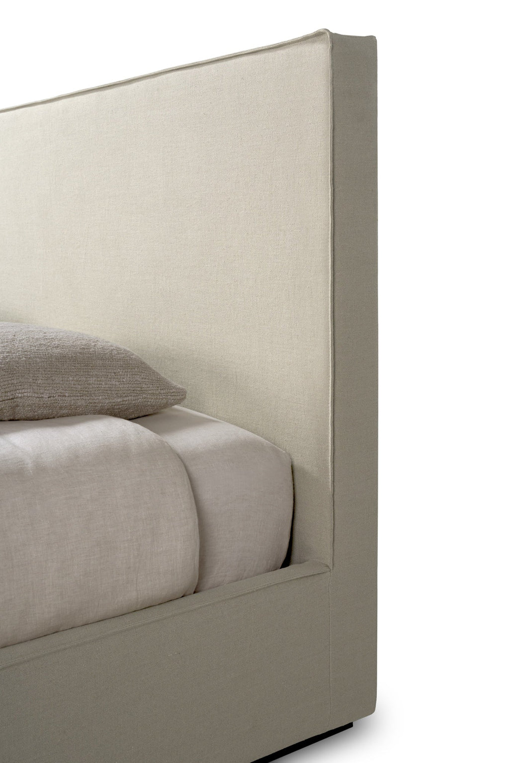 Revive Bed in sand linen with cushioned headboard and stitched seams for luxury and comfort