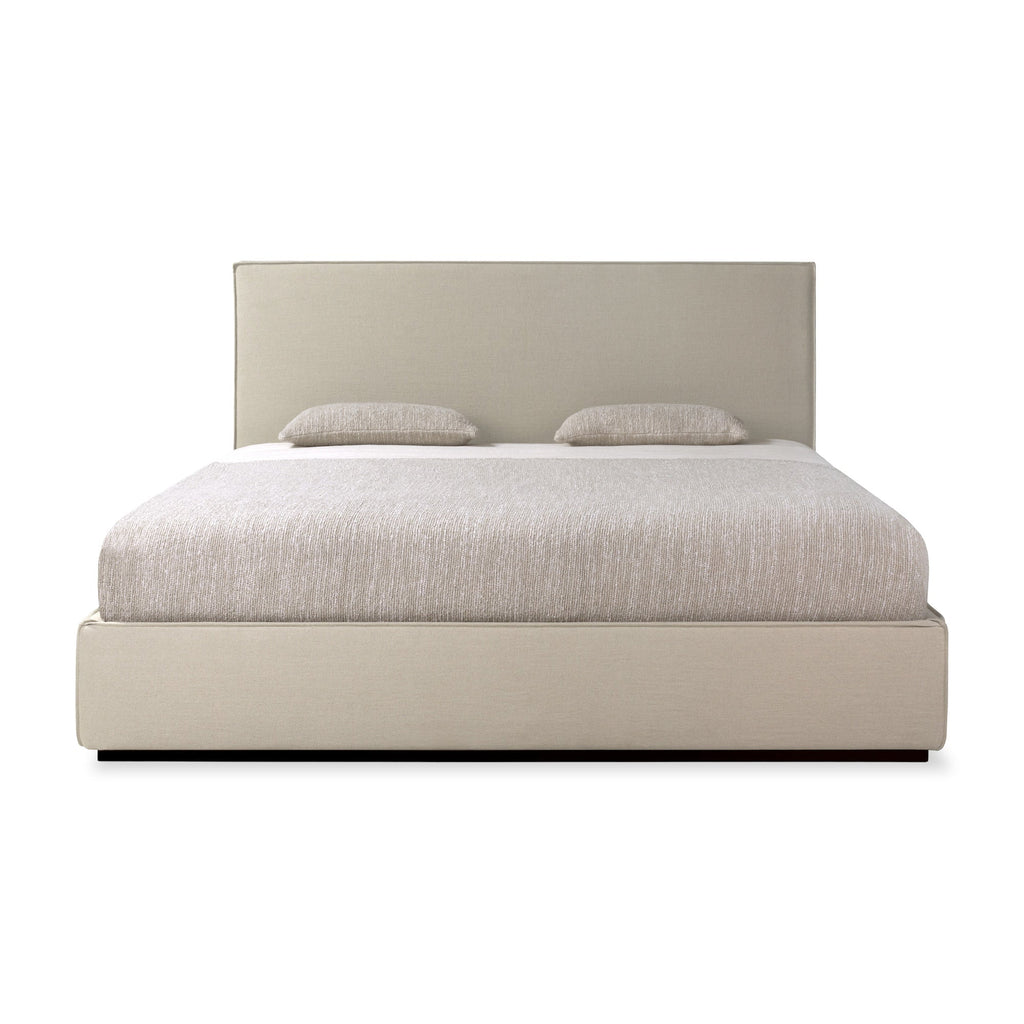 Revive Bed in sand linen with cushioned headboard and stitched seams for luxury and comfort