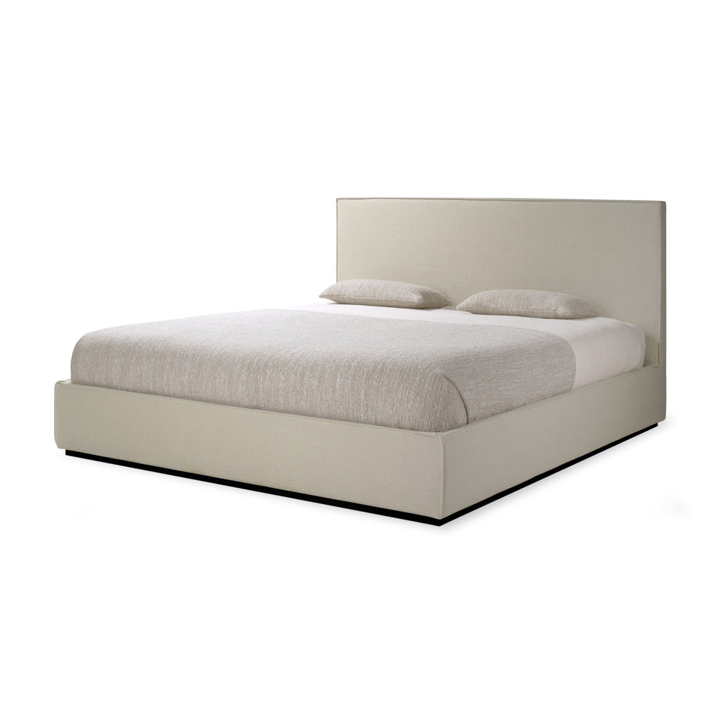 Revive Bed in sand linen with cushioned headboard and stitched seams for a peaceful bedroom retreat