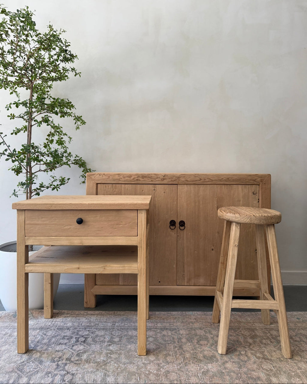 Vintage cypress bedside table handcrafted from reclaimed wood with a drawer and bronze knob
