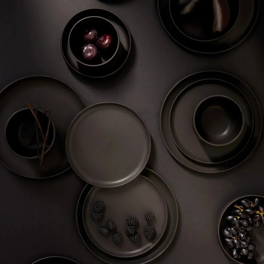 Tunisian 12pc matte black dinnerware set with handmade stoneware dinner plate, side plate, and bowl