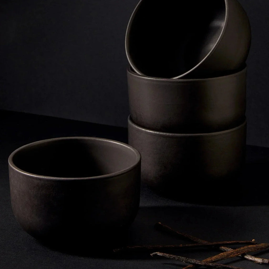 Tunisian 12pc dinnerware set with matte black dinner plate, side plate, and bowl handmade from premium stoneware