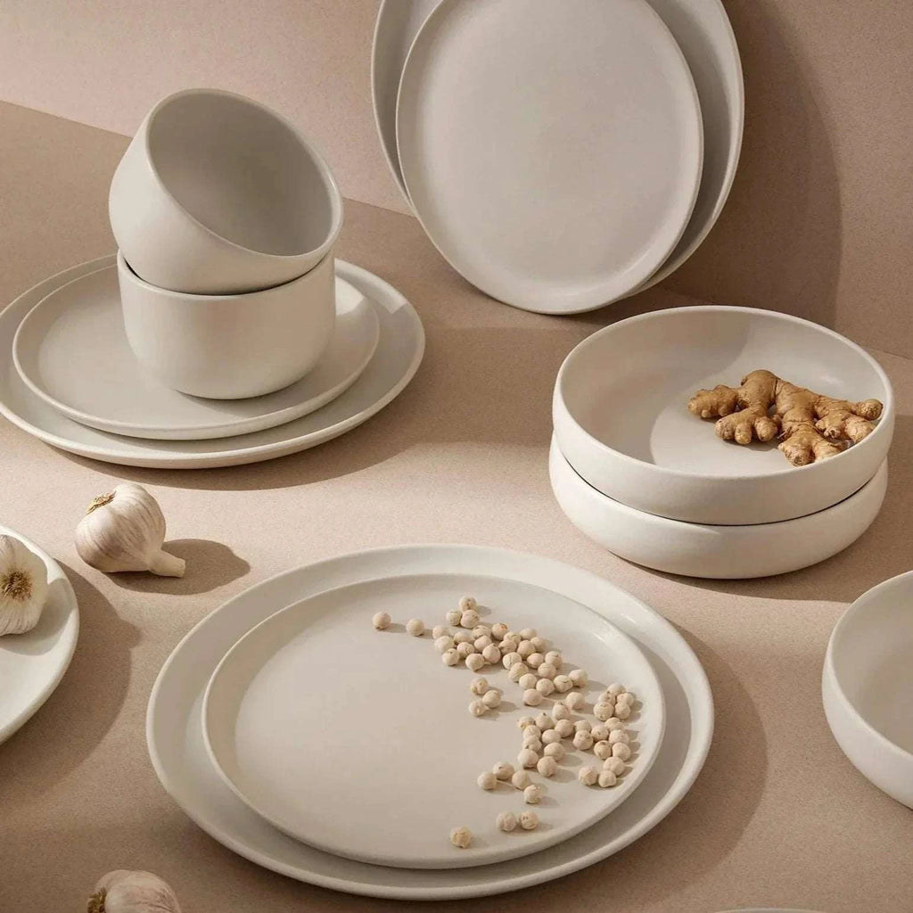 Tunisian 12pc dinnerware set with handmade stoneware dinner plate, side plate, and bowl in natural tones