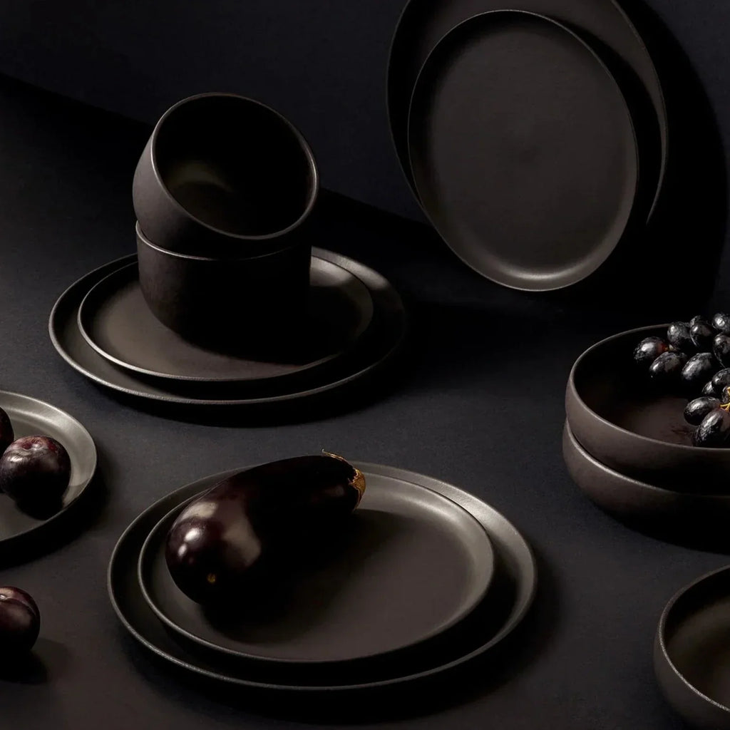 Tunisian 12pc matte black stoneware dinnerware set with dinner plate, side plate, and bowl handcrafted for durable, artisanal dining