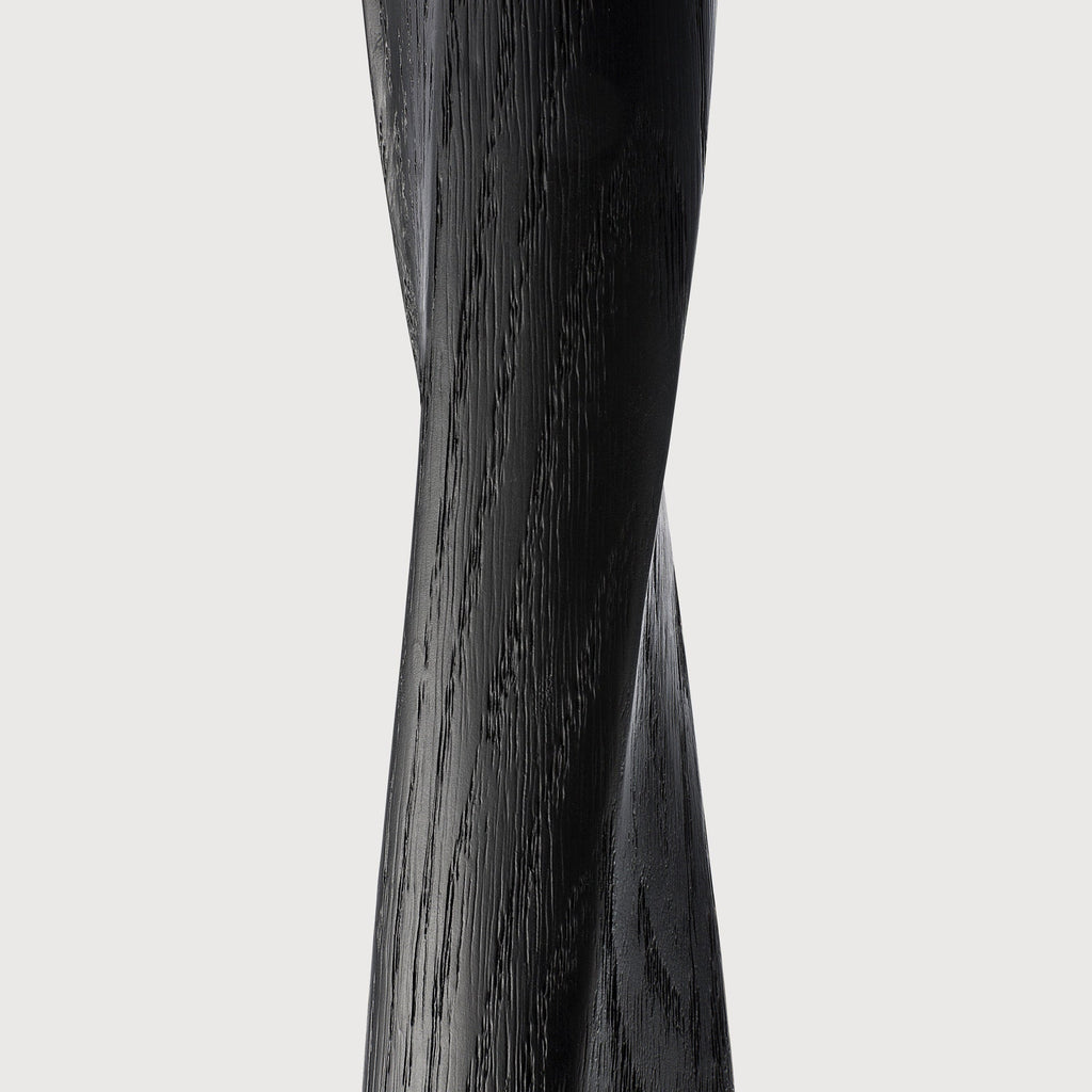Black oak Torsion Dining Table with round top and twisted pedestal base