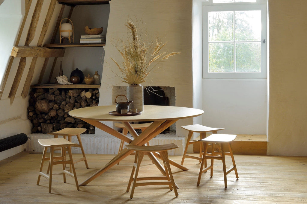Mikado Round Dining Table in white oak with sculptural interlocking legs and modern organic design