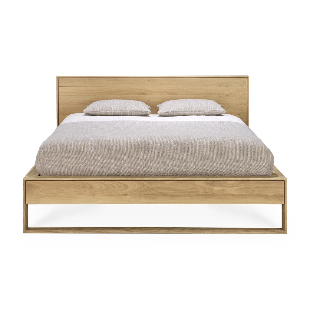 Solid European oak wood bed frame with solid wood headboard and beautiful wood joinery - front View - Saffron and Poe, Ethnicraft