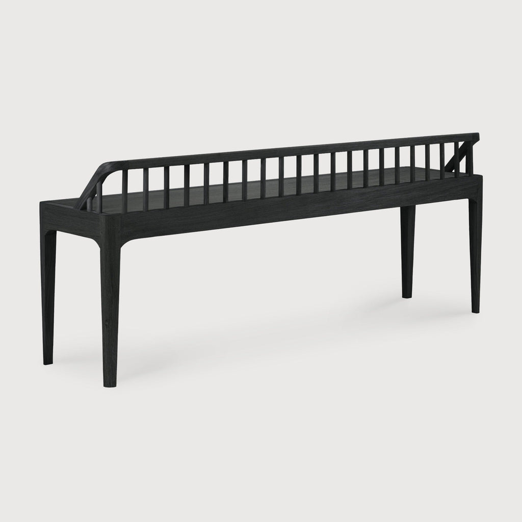 Black oak Spindle Bench with low spoked back and spacious seat, crafted from European white oak, modern coastal design