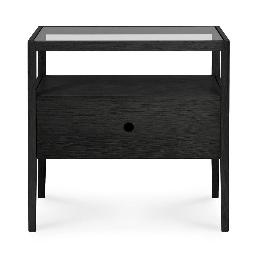 Black oak Spindle Bedside Table with glass top, single drawer, and open shelf in coastal California style