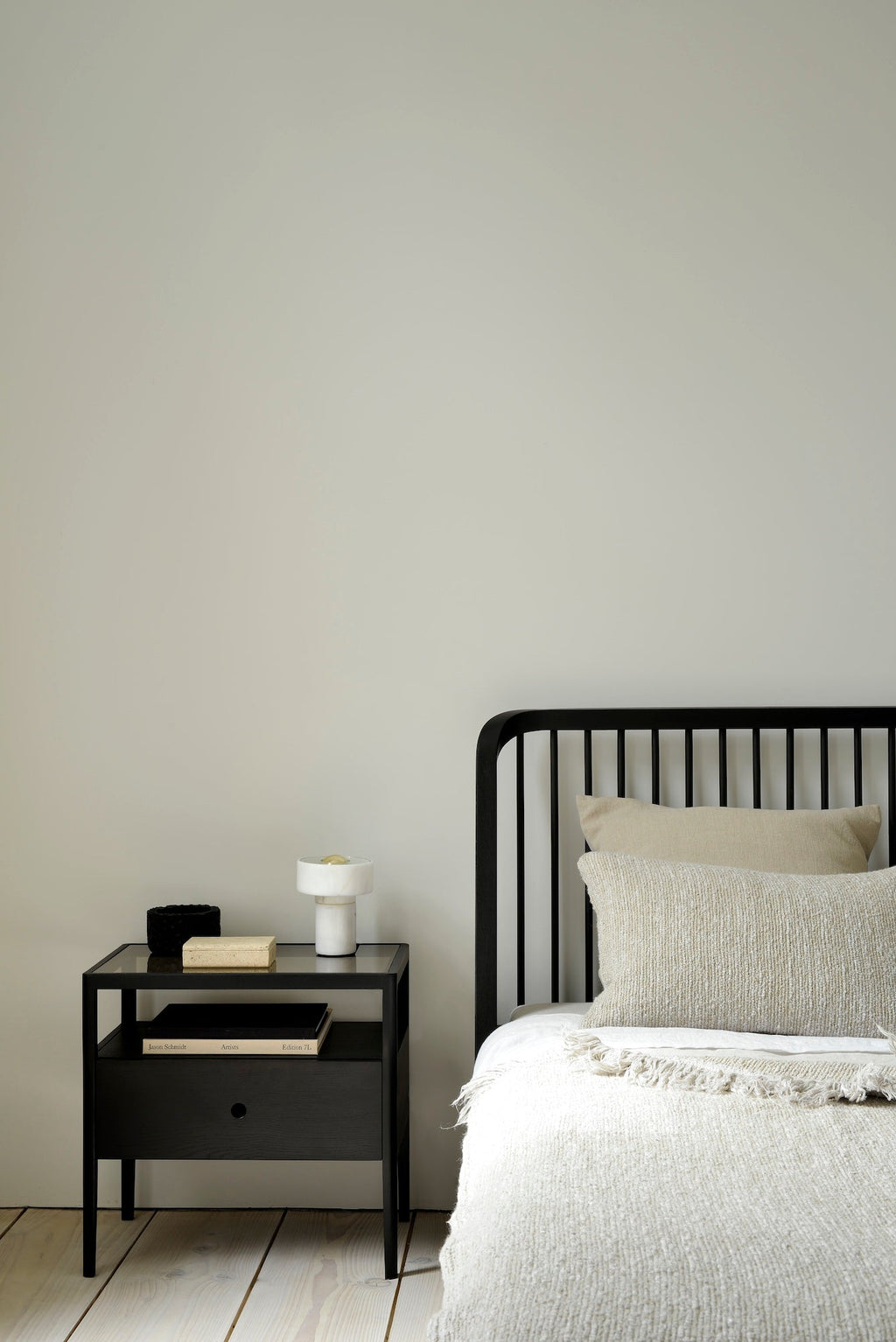 Black oak Spindle Bedside Table with glass top, single drawer, and open shelf in European white oak design