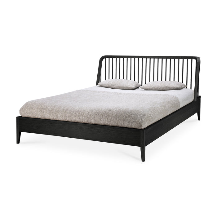 Black Solid Oak Mendocino Bed with wood spindle headboard, TQ View - Saffron and Poe, Ethnicraft