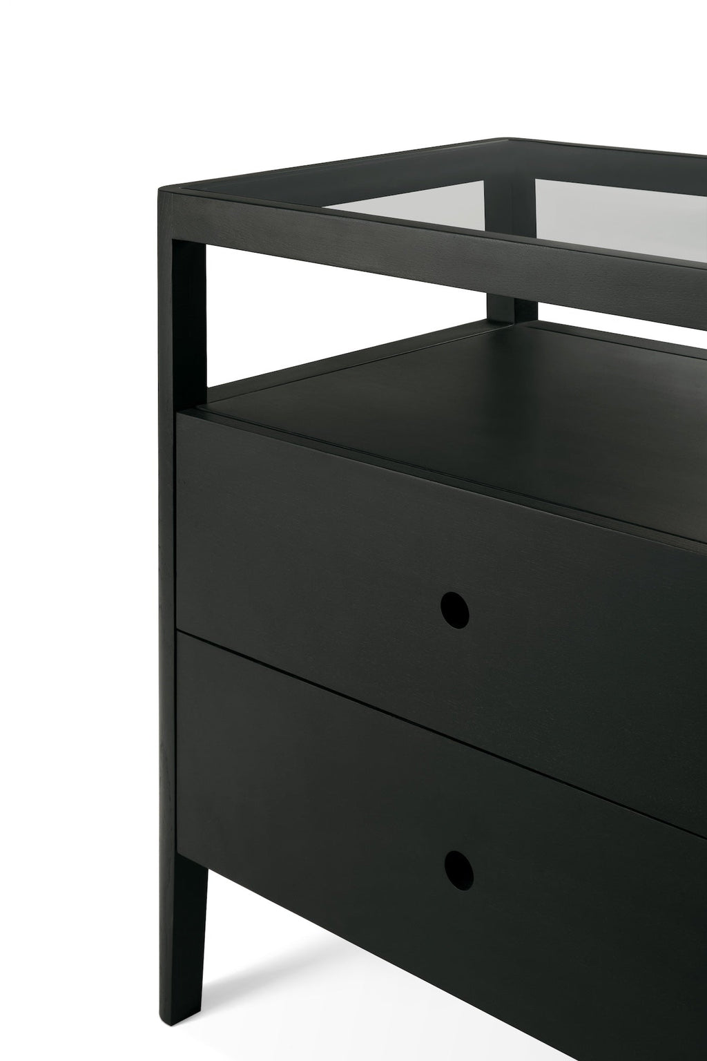 Black oak Spindle Dresser with four drawers, open shelf, and sleek coastal modern design