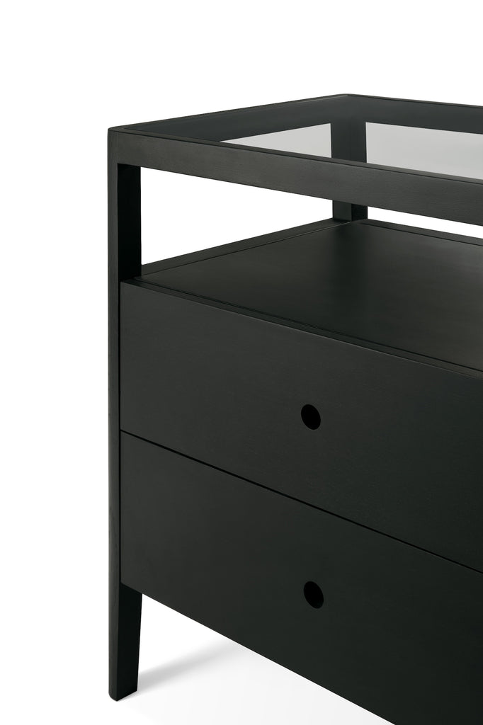 Solid black oak dresser with 4 drawers, glass top, tapered legs and rounded edges add a soft quality to this stylish storage solution - Detail2 - Saffron and Poe, Ethnicraft