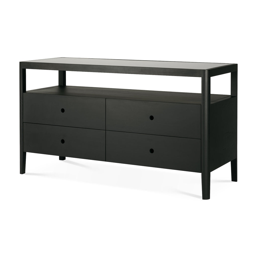 Black oak Spindle Dresser with four drawers, open shelf, and glass top, made from European white oak
