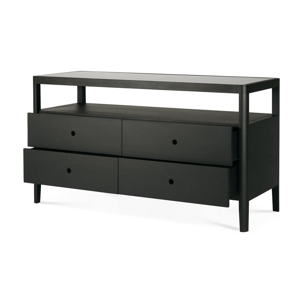 Solid black oak dresser with 4 drawers, glass top, tapered legs and rounded edges add a soft quality to this stylish storage solution - TQ View detail - Saffron and Poe, Ethnicraft