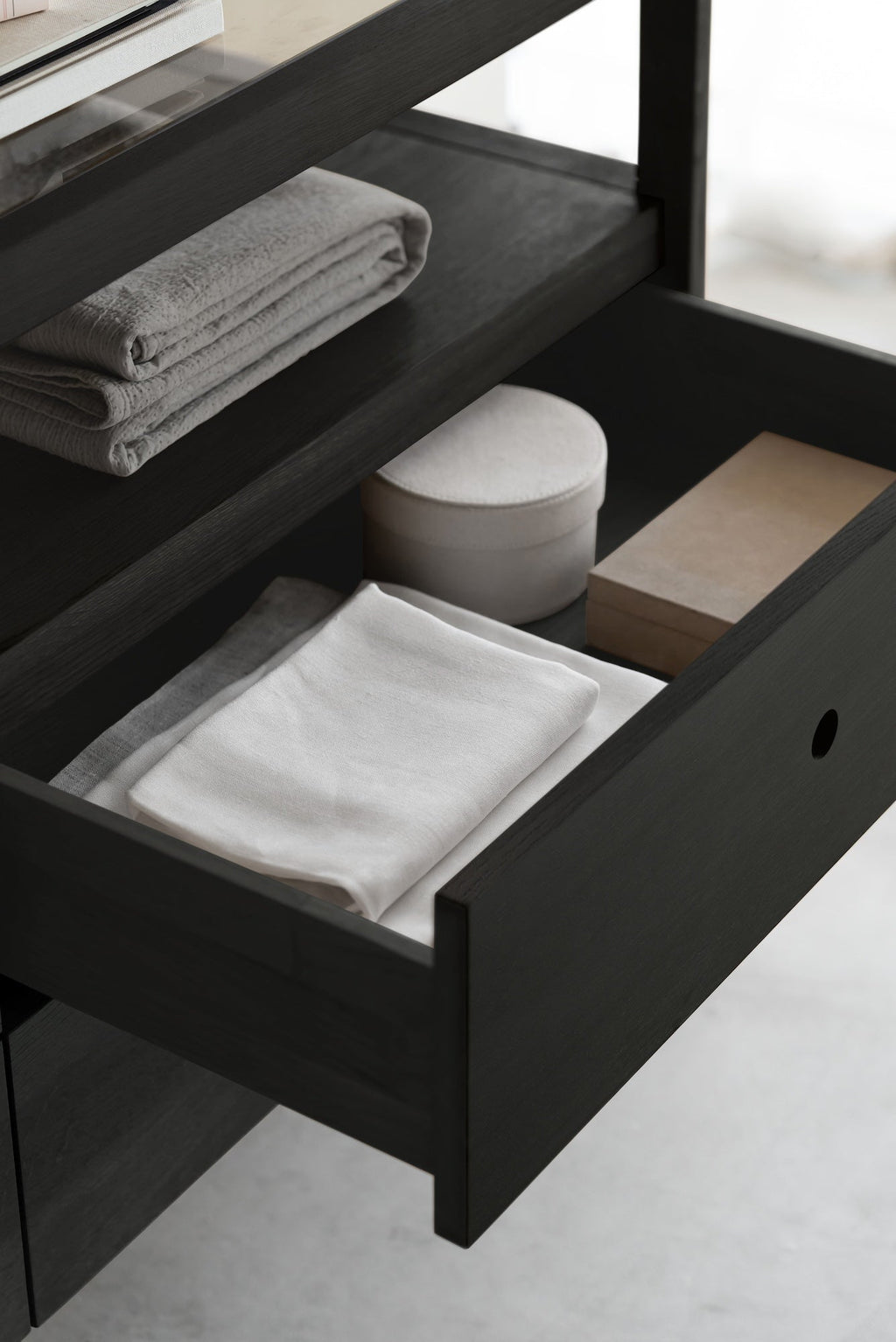 Black oak Spindle Dresser with four drawers and open shelf in European white oak, minimalist design