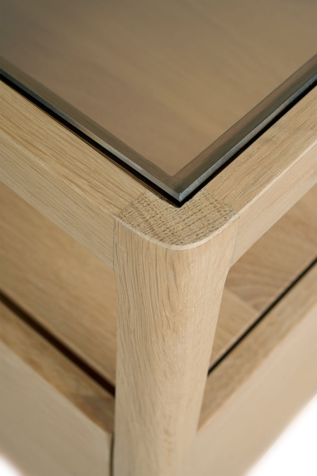 Spindle Bedside Table in oak with glass top, single drawer, and open shelf in coastal California style