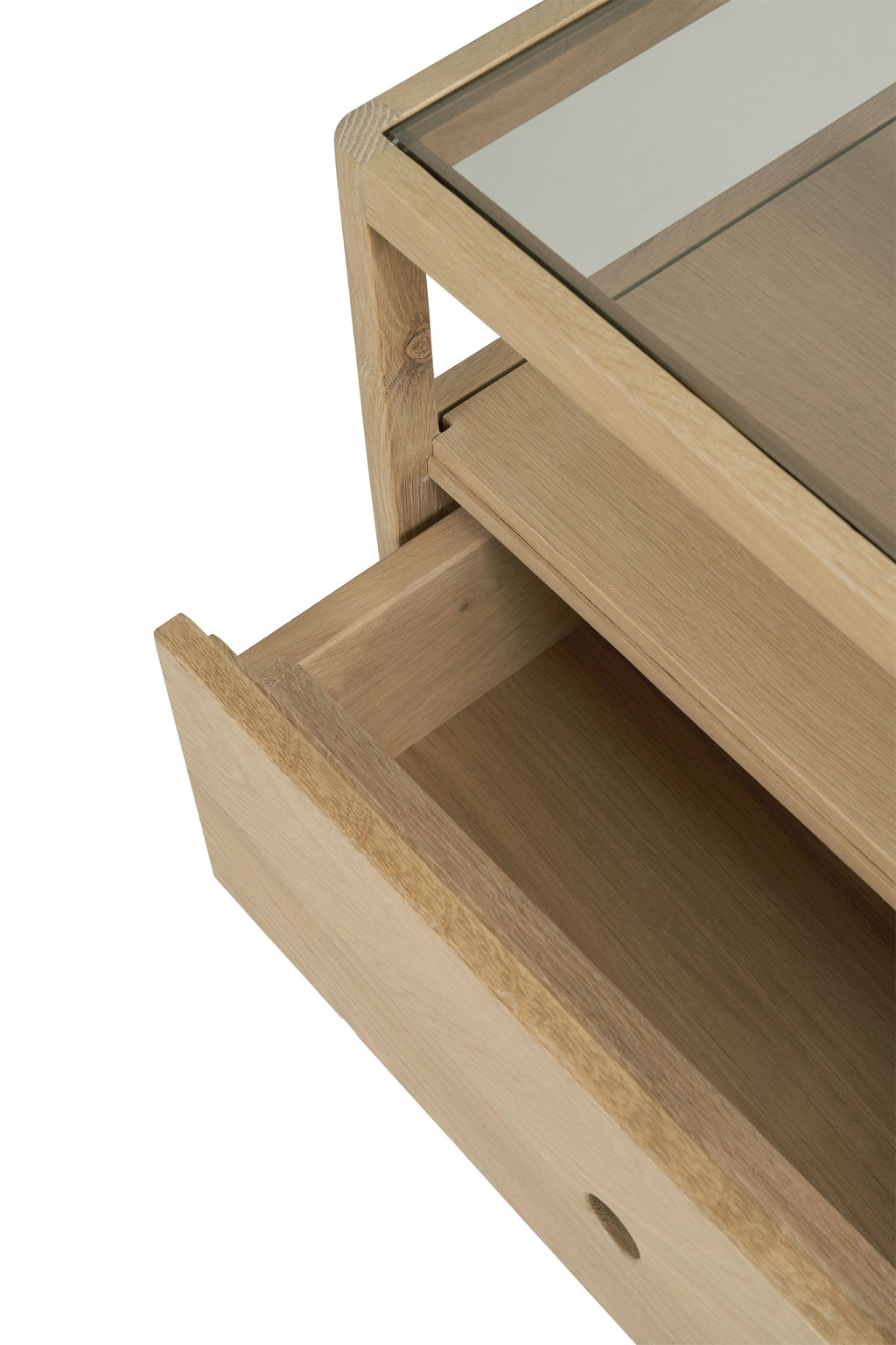 Spindle Bedside Table in oak with glass top, drawer, and open shelf, Scandinavian coastal modern style