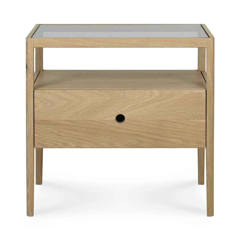 Spindle Bedside Table in European white oak with glass top, single drawer, and open shelf design