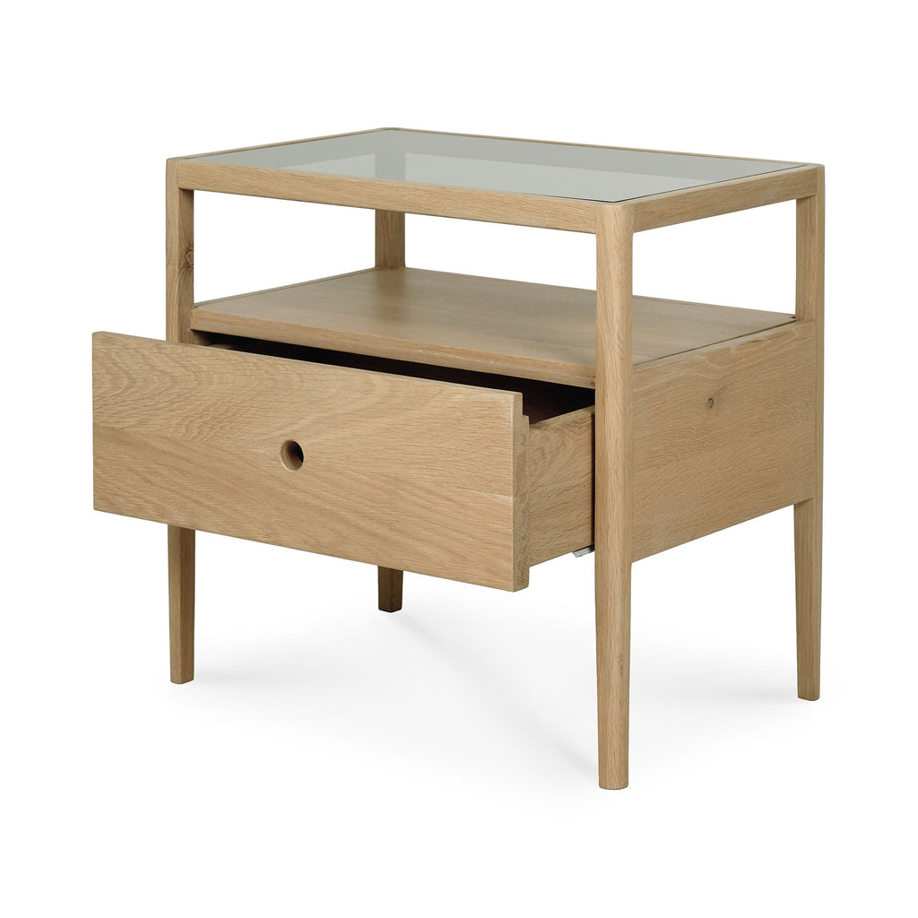 Spindle Bedside Table in oak with glass top and single drawer in coastal modern style
