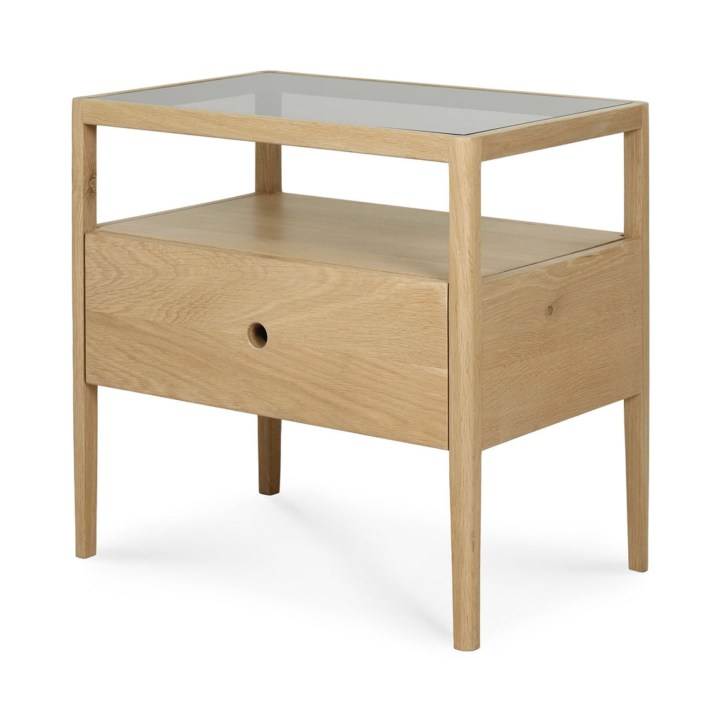 Spindle Bedside Table in oak with glass top, single drawer, and open shelf in coastal California design