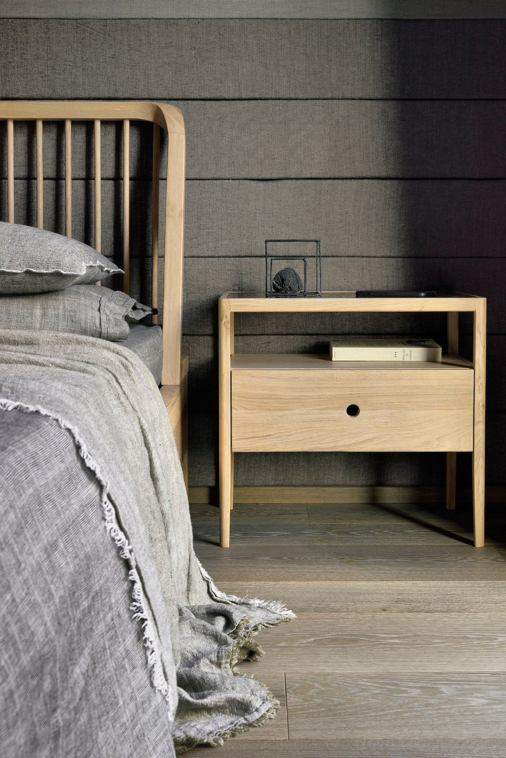 Spindle Bedside Table in oak with glass top, drawer, and open shelf, Scandinavian coastal design