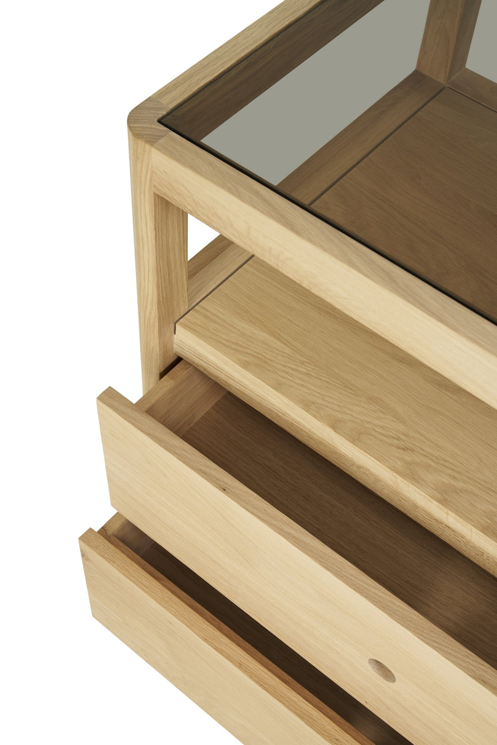 Oak Spindle Dresser with four drawers, open shelf, and glass top in coastal California style
