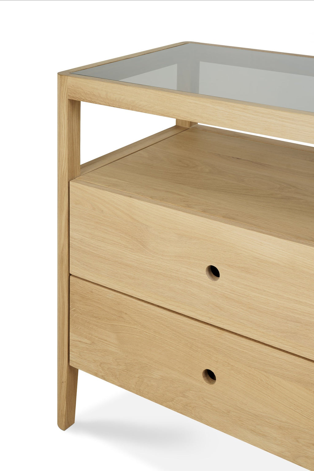 Oak Spindle Dresser with four drawers, open shelf, and glass top in coastal California style