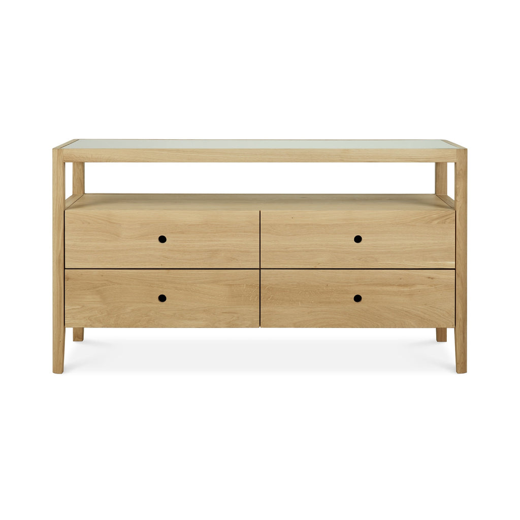 European white oak Spindle Dresser with four drawers, open shelf, and glass top in coastal modern style