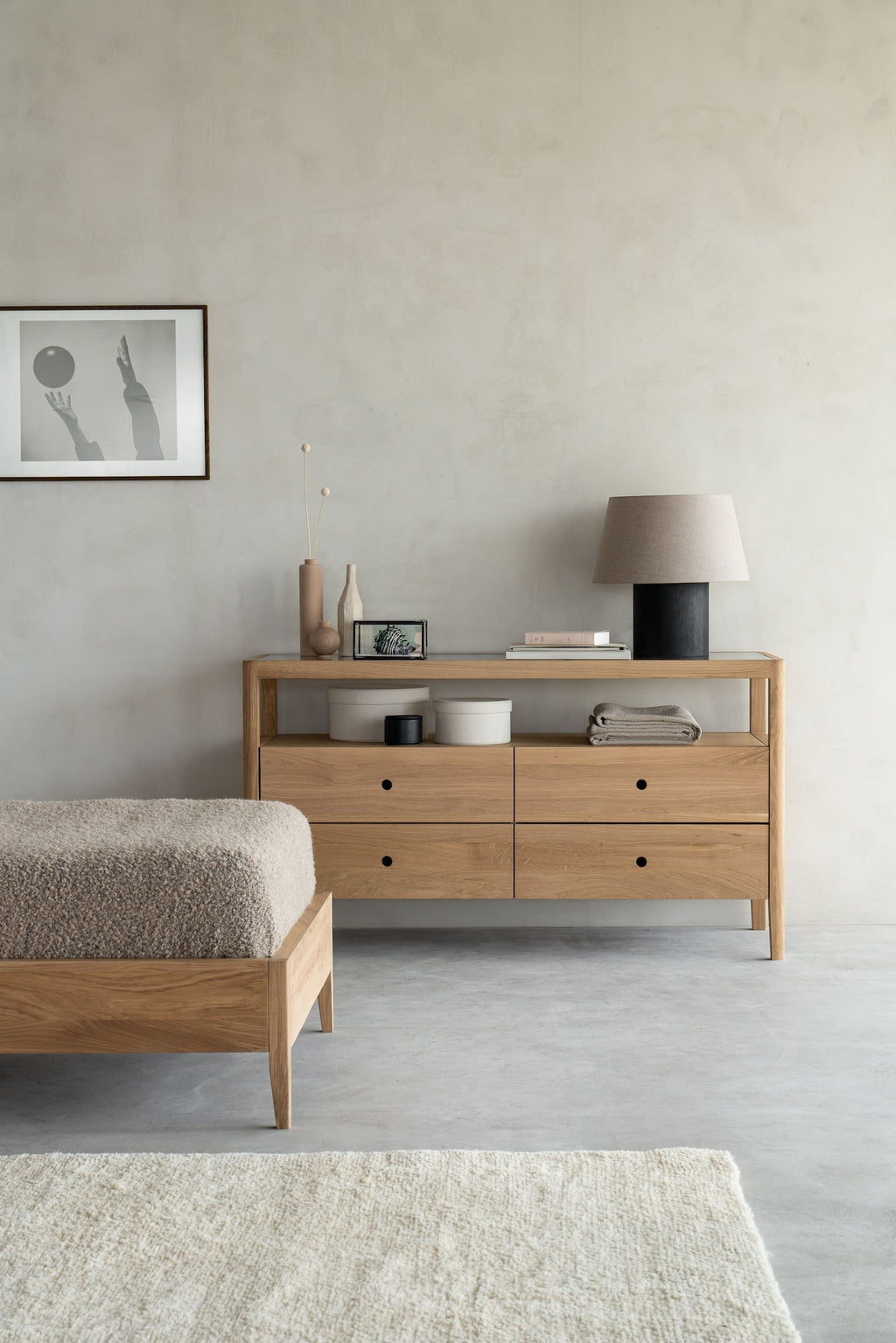 Oak Spindle Dresser with four drawers, open shelf, and glass top in coastal California style