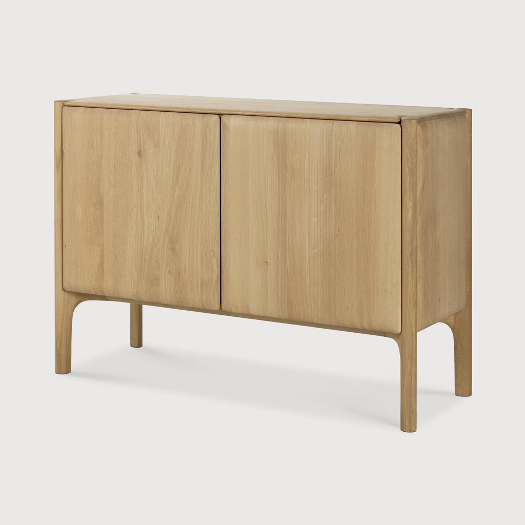 PI 2-Door Console in white oak with sculpted base and curved edges, modern organic finish