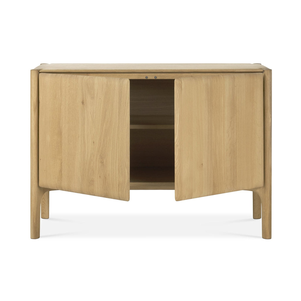PI 2-Door Console in white oak with sculpted base and curved edges, modern design with practical storage
