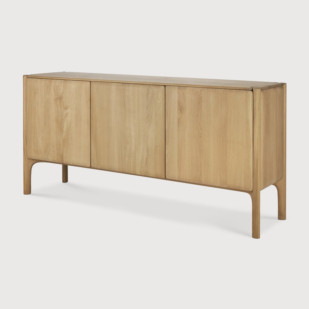 PI Sideboard in white oak with sculpted base and curved edges, modern organic finish storage unit