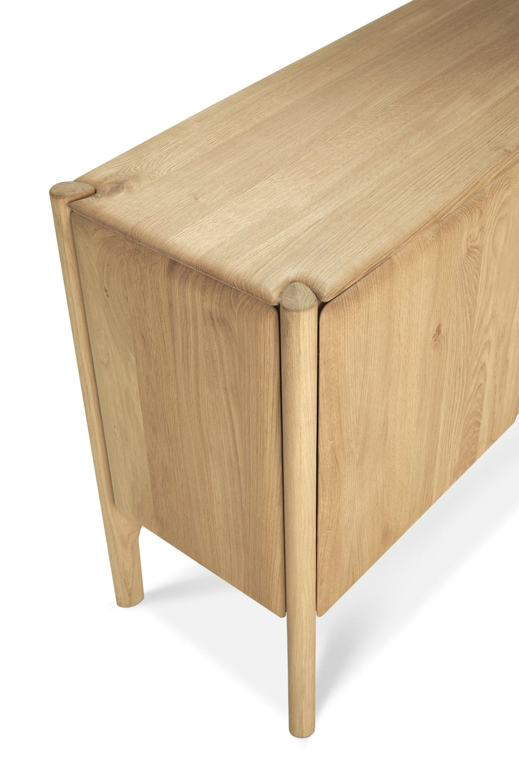 PI 2-Door Console in white oak with sculpted base and curved edges, modern organic finish, and practical storage