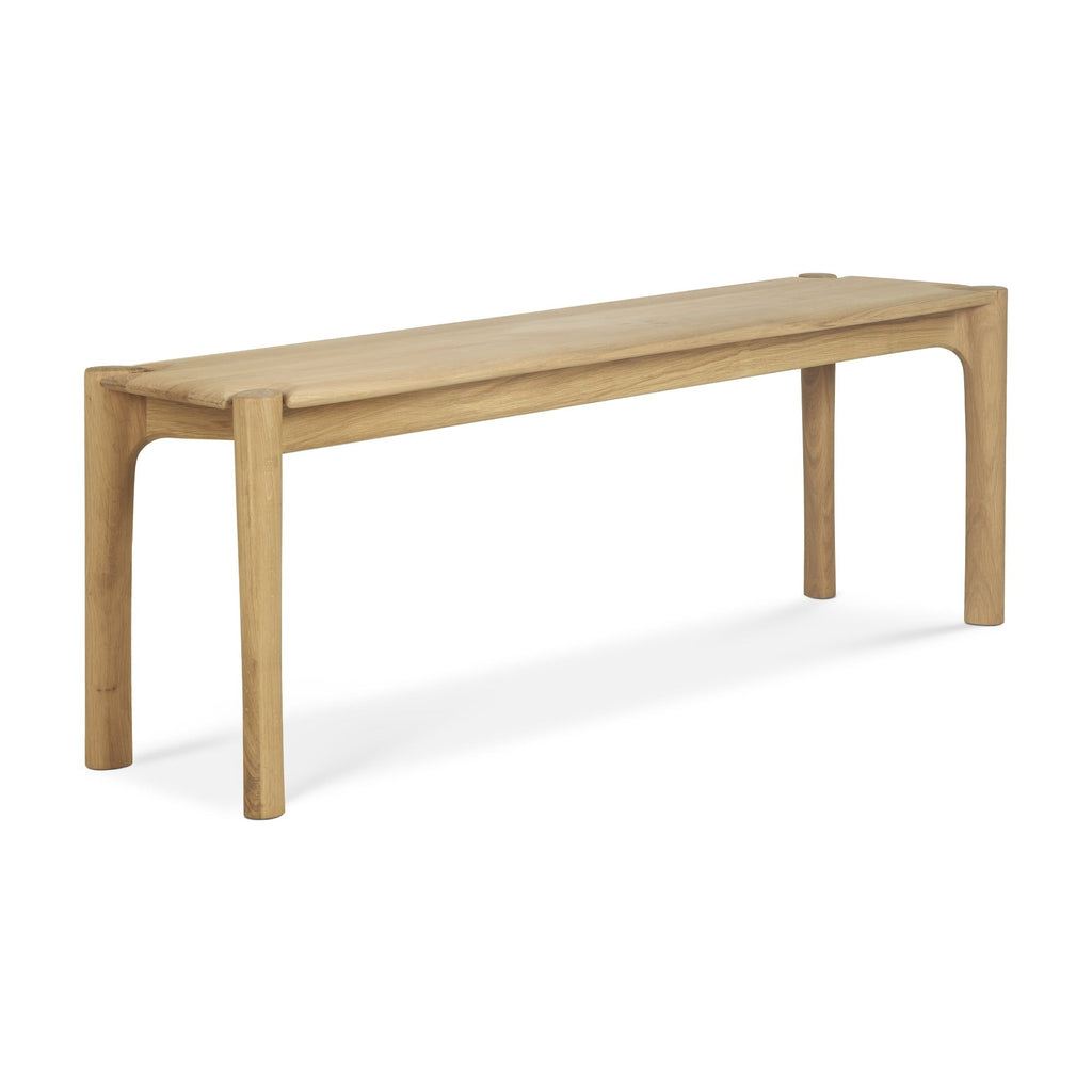 PI Bench in solid white oak with sculpted base and curved edges, polished organic finish