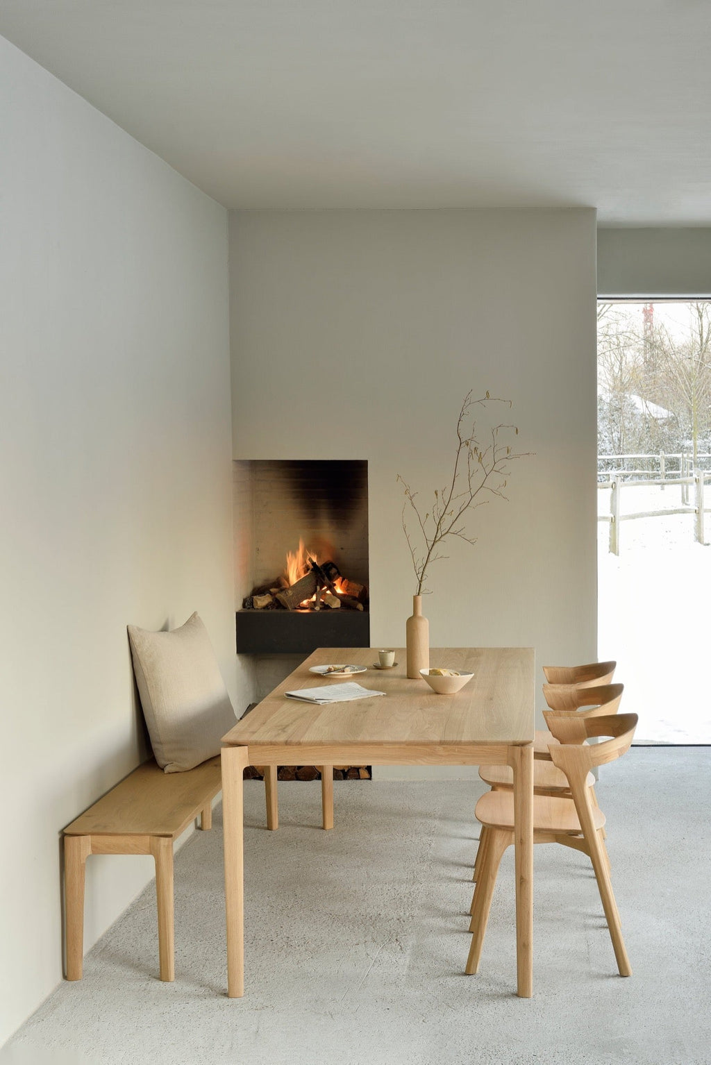 Bok Bench in European White Oak with contoured frame and floating top, solid oak construction and oiled finish