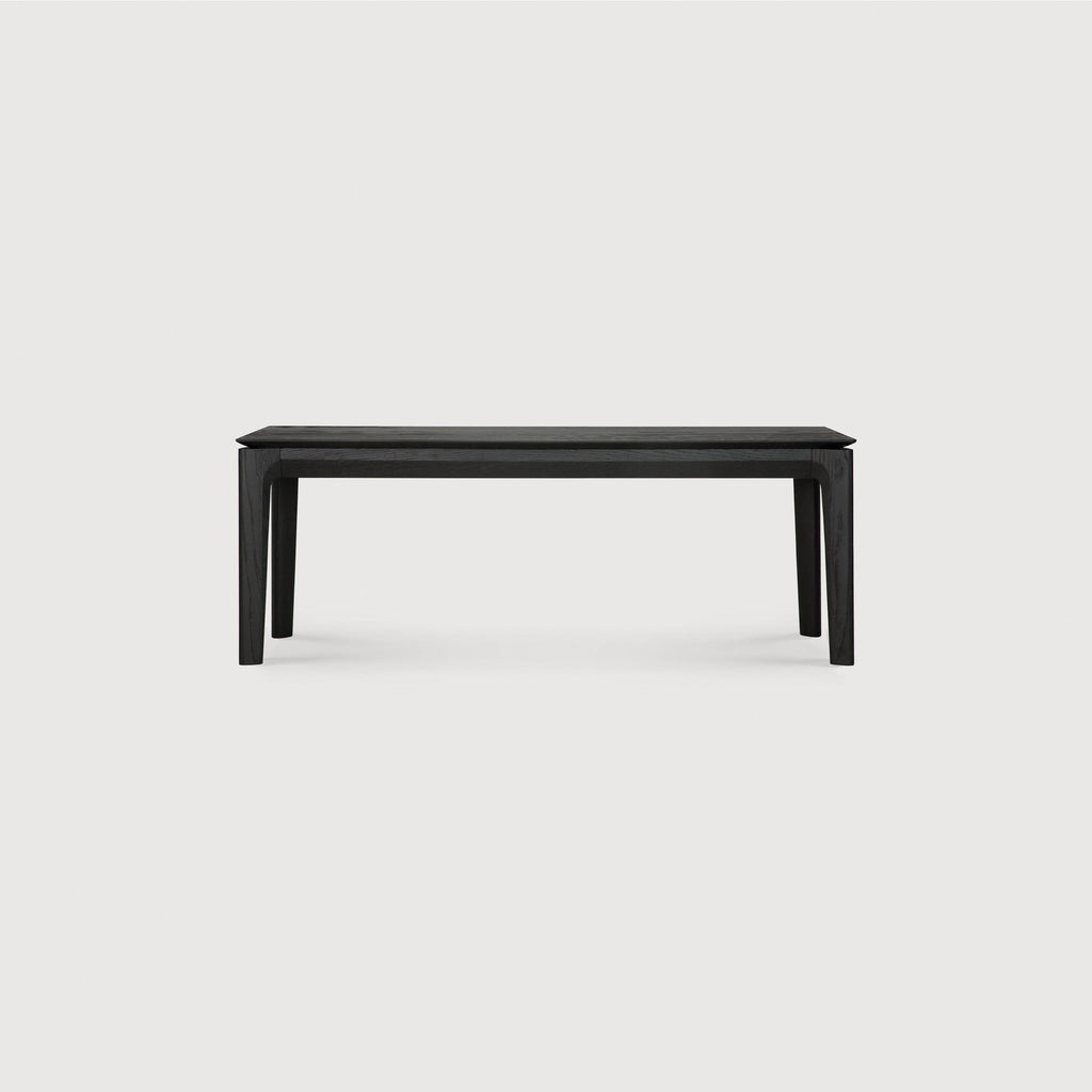 Black Oak Bok Bench with contoured frame and floating top in solid oak