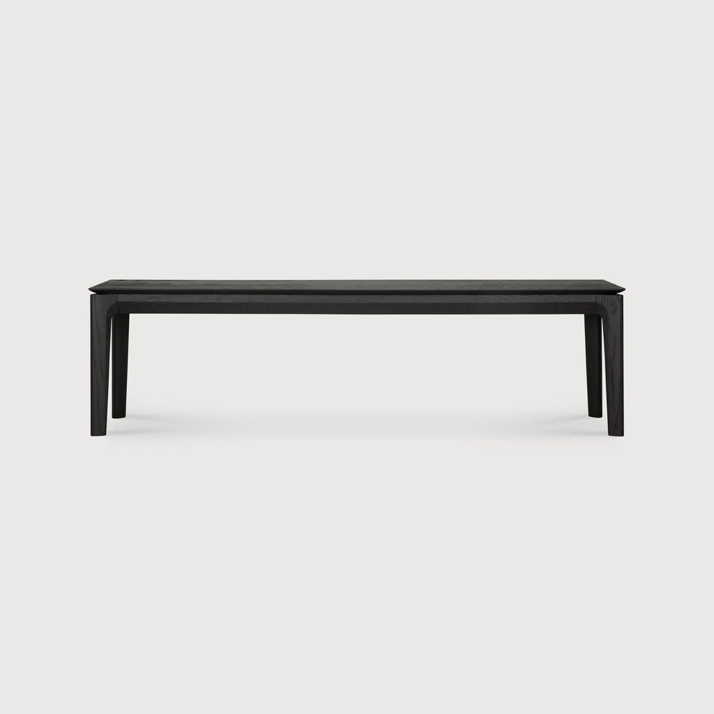 Black Oak Bok Bench with contoured frame and floating top, crafted from solid oak with black varnish finish