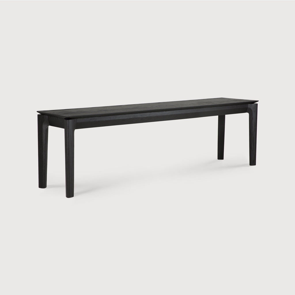 Black oak Bok Bench with contoured frame and floating top in European White Oak